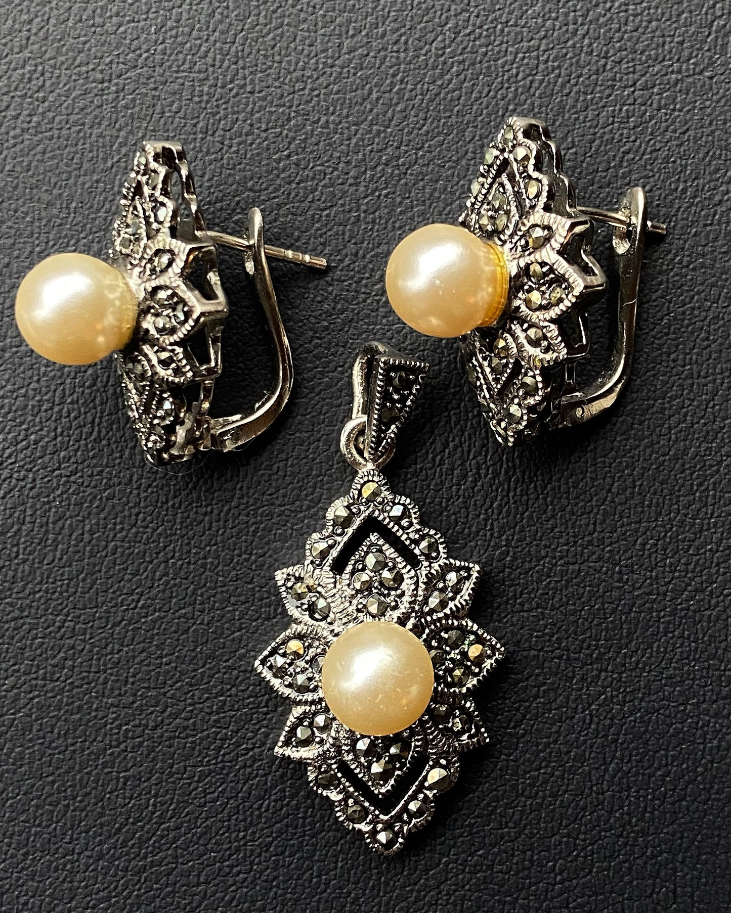 LEAF SET- Marcasite Stones and Shell Pearls